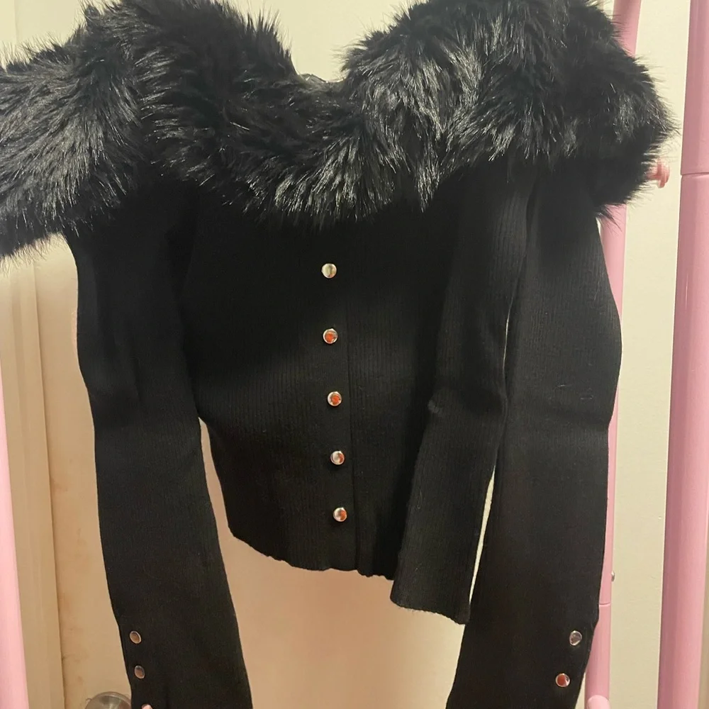 Fashion Nova Black Faux Fur-Trim Button Front Teddy Jacket - Picture 2 of 2